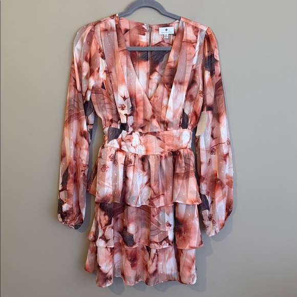 NWT- Socialite Floral Clip Dot Long Sleeve Minidress, Grey/Peach, size XS - Picture 5 of 12